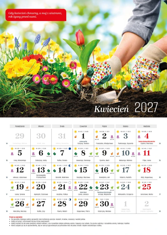 Wnętrze kalendarza albumowego pt. Kalendarz biodynamiczny na 2027 rok przedstawiające wybrane kalendarium oraz zdjęcie z rabatką kwiatową
