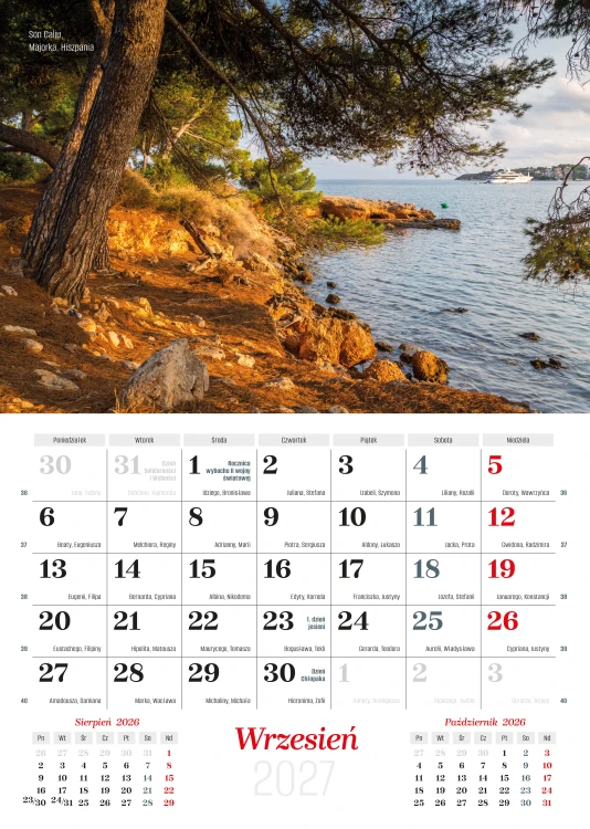 Wnętrze kalendarza albumowego pt. Pejzaże na 2027 rok przedstawiające wybrane kalendarium oraz zdjęcie brzegu zbiornika wodnego w górach