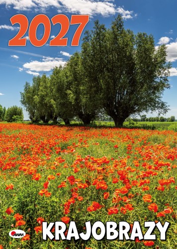 Okładka kalendarza albumowego pt. Krajobrazy na 2027 rok przedstawiająca drzewa i pole maków