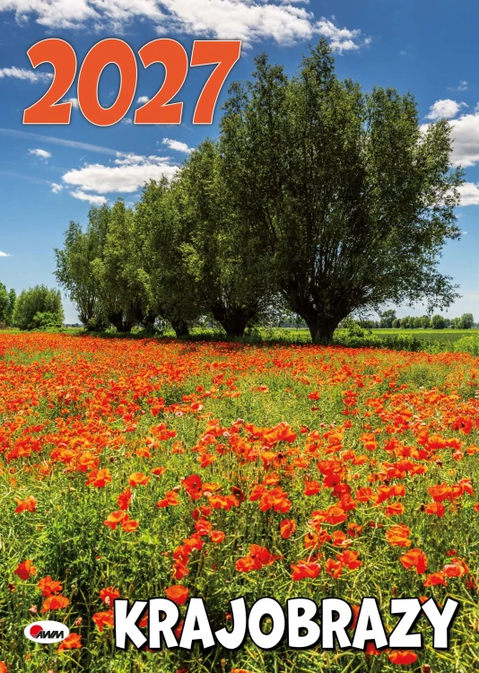 Okładka kalendarza albumowego pt. Krajobrazy na 2027 rok przedstawiająca drzewa i pole maków