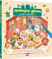 Okładka 3D książki pt. Spokojna głowa. Cosy klimaty przedstawiająca wnętrze cukierni, naklejki i pęsetę