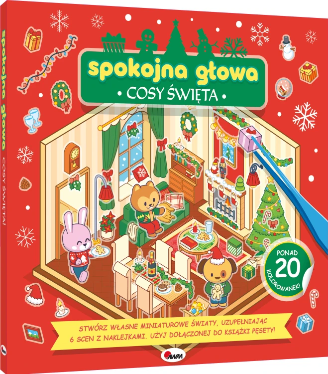Okładka 3D książki pt. Spokojna głowa. Cosy święta przedstawiająca wnętrze świątecznie udekorowanego salonu