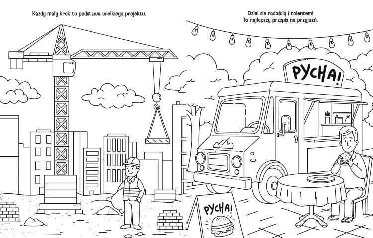 Wnętrze kolorowanki pt. Kolorowanki motywacyjne. Świat pojazdów przedstawiające dźwig i foodtrucka