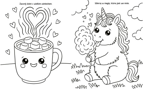 Wnętrze kolorowanki pt. Kolorowanki motywacyjne. Stworki kawaii przedstawiające kakao z piankami oraz jednorożca