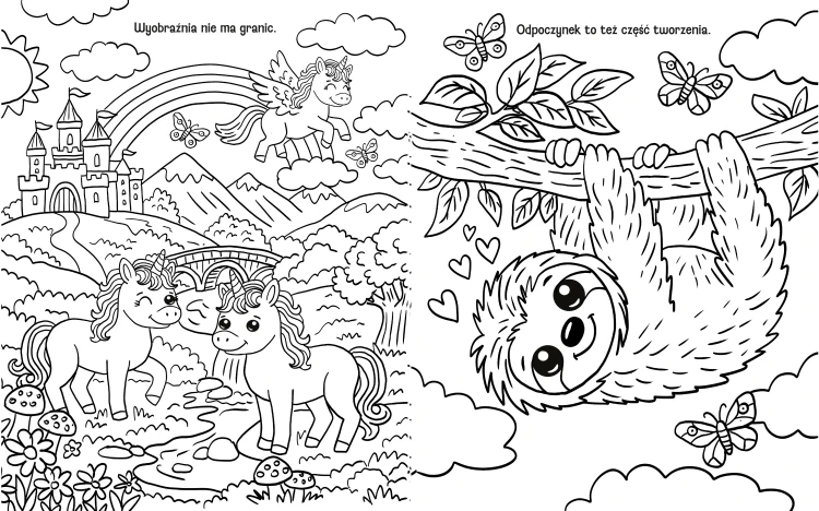 Wnętrze kolorowanki pt. Kolorowanki motywacyjne. Stworki kawaii przedstawiające jednorożce i leniwca