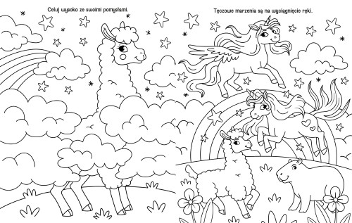 Wnętrze kolorowanki pt. Kolorowanki motywacyjne. Magiczne słodziaki przedstawiające lamy, jednorożce i kapibary