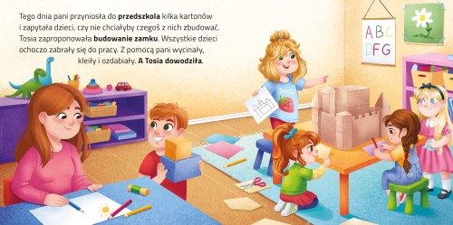 Wnętrze książki pt. Odjazdowe księżniczki. Tosia w zamku przedstawiające dzieci bawiące się w przedszkolu