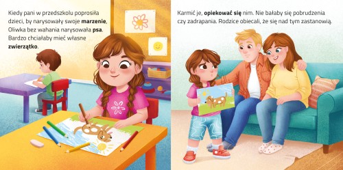 Wnętrze książki pt. Odjazdowe księżniczki. Oliwka i piesek przedstawiające dziewczynkę rysującą oraz dziewczynkę z rodzicami