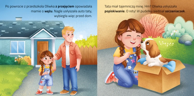 Wnętrze książki pt. Odjazdowe księżniczki. Oliwka i piesek przedstawiające dziewczynkę z tatą oraz z pieskiem