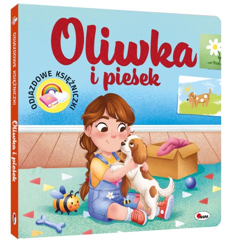 Okładka 3D książki pt. Odjazdowe księżniczki. Oliwka i piesek przedstawiająca dziewczynkę z pieskiem siedzącą na dywanie