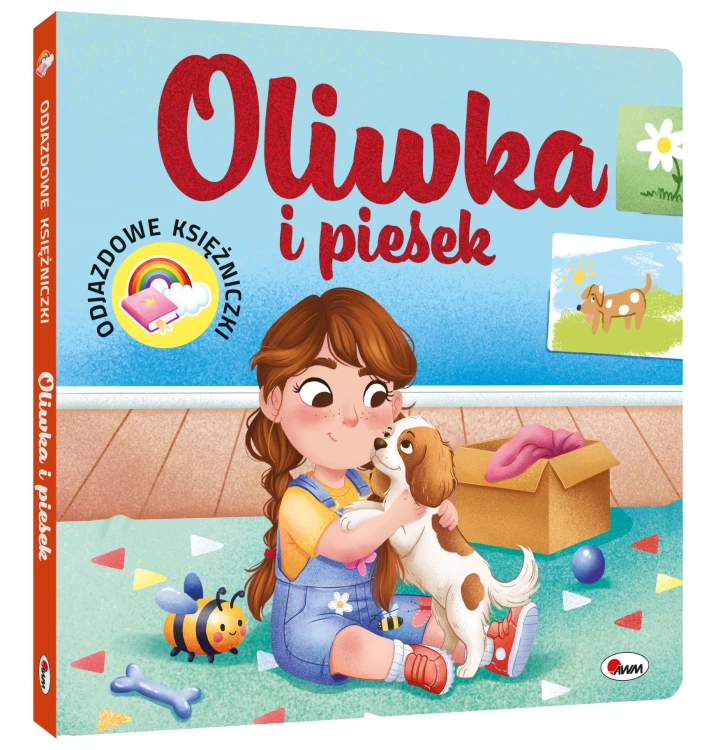 Okładka 3D książki pt. Odjazdowe księżniczki. Oliwka i piesek przedstawiająca dziewczynkę z pieskiem siedzącą na dywanie