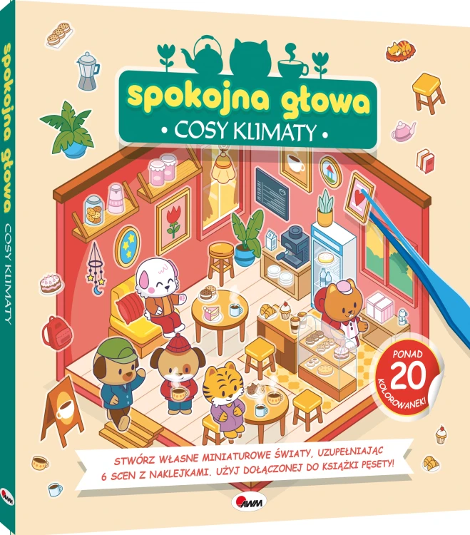 Okładka 3D książki pt. Spokojna głowa. Cosy klimaty przedstawiająca wnętrze cukierni, naklejki i pęsetę