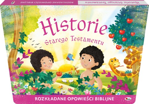 Okładka 3D książki Rozkładane opowieści biblijne. Historie Starego Testamentu przedstawiająca Adama i Ewę pośród drzew i zwierząt