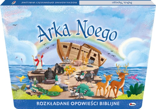 Okładka 3D książki Rozkładane opowieści biblijne. Arka Noego przedstawiająca różne zwierzęta, arkę i tęczę w tle